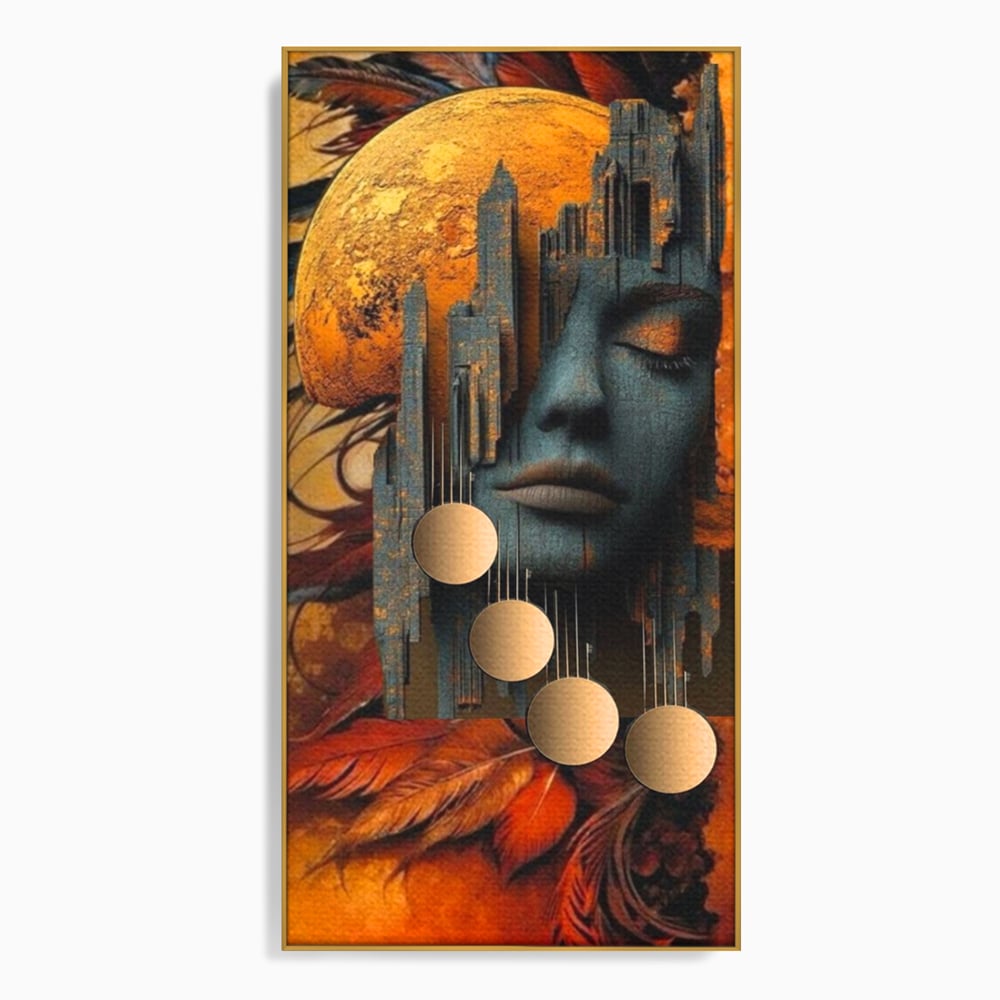 Tablou canvas cu tablou canvas cu chip de femeie si oras stilizat, in rama de aluminiu auriu